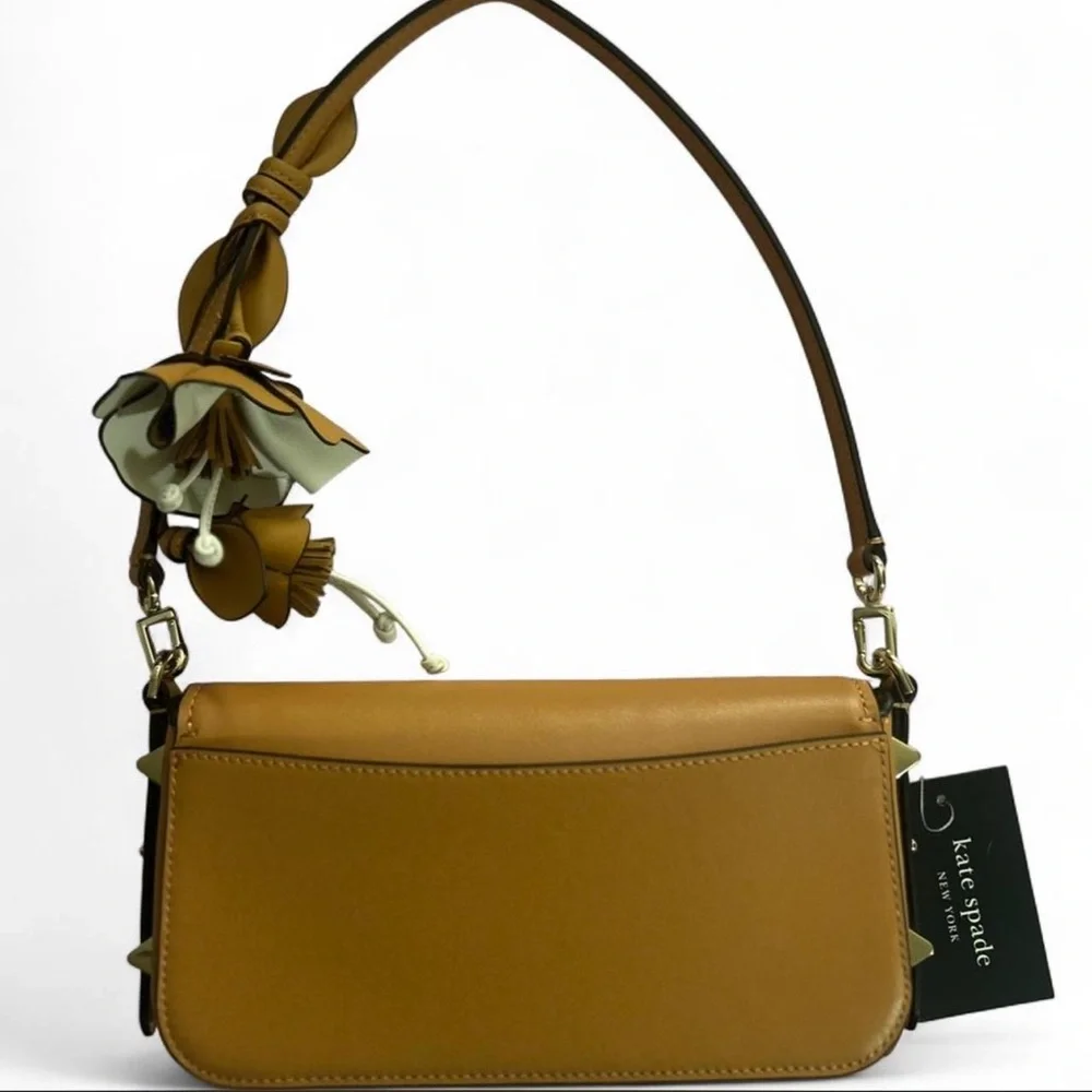 NWT Kate Spade Tan Leather Shoulder Bag with 3D Floral Accent.